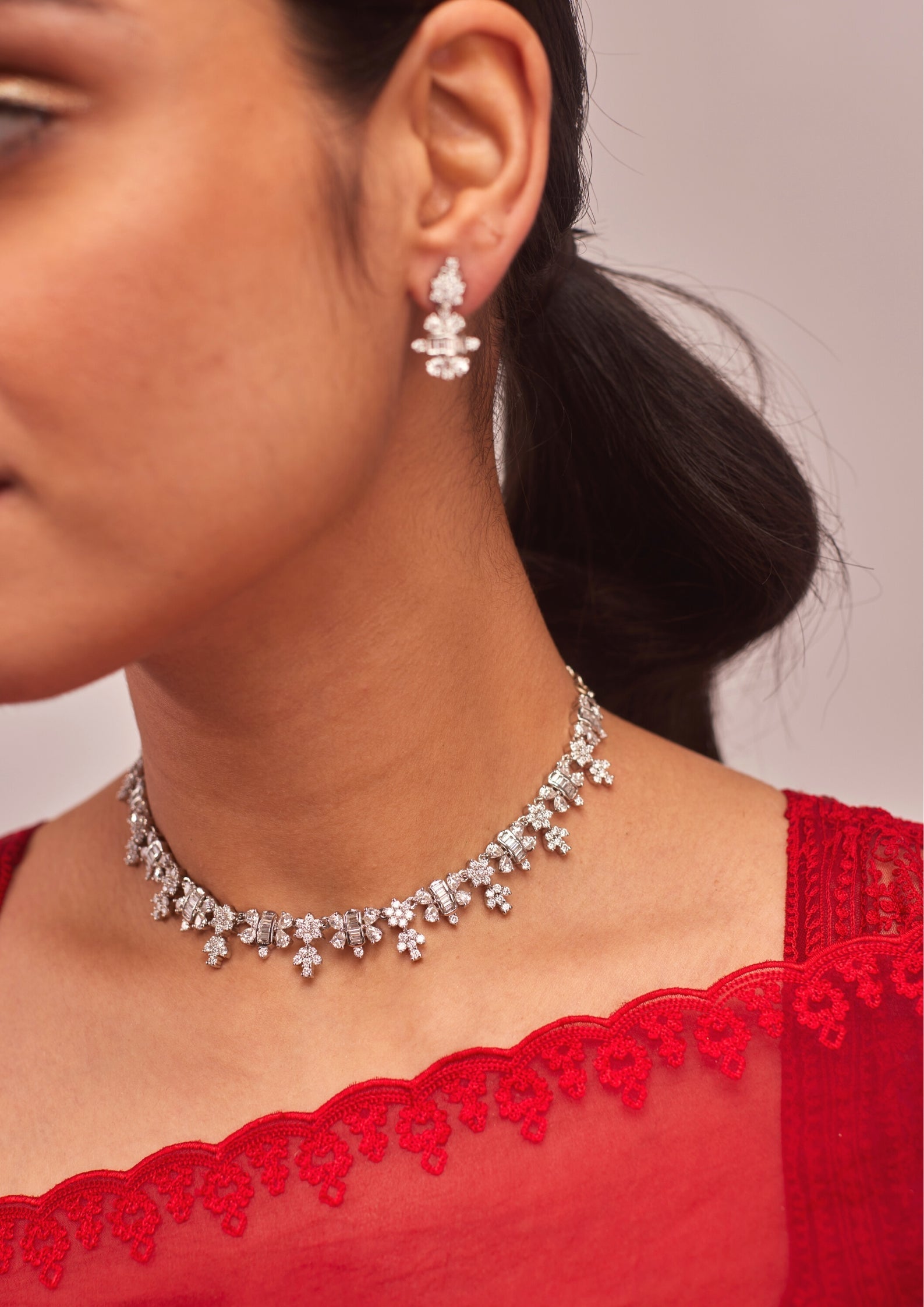925 Silver Moissanite Diamond Choker Necklace Set - Amrrutam