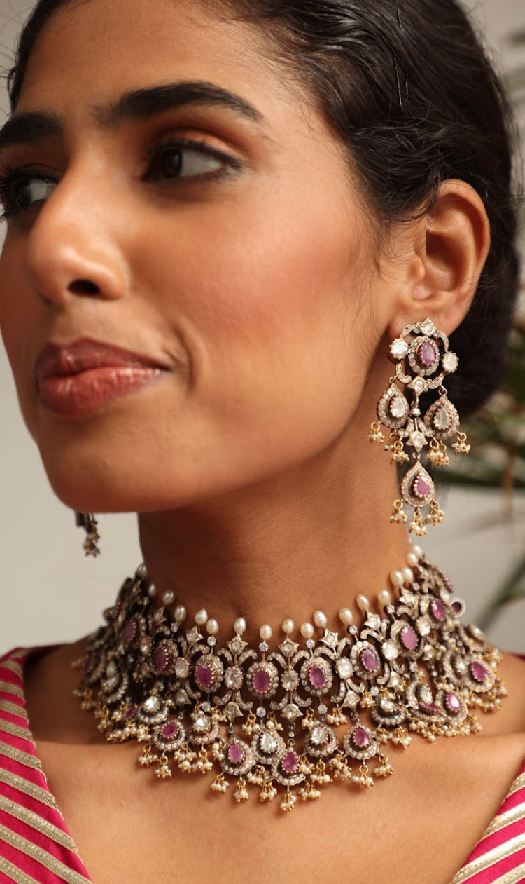 925 Silver Bavara Victorian Tourmaline Choker Necklace Set - Amrrutam
