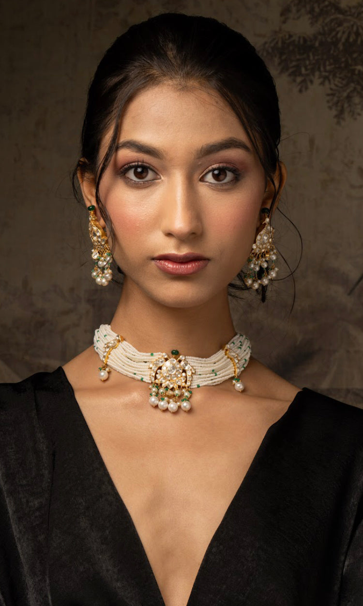 925 Silver Nainika Polki Choker Necklace Set - Amrrutam
