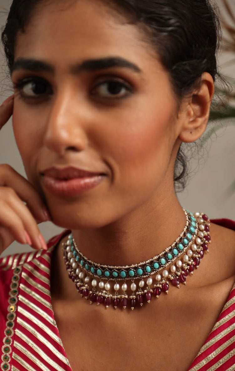 925 Silver Vintage Turquoise Choker Necklace - Amrrutam