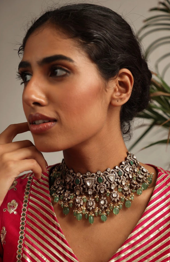 925 Silver Kashi Victorian Emerald Polki Choker Necklace - Amrrutam