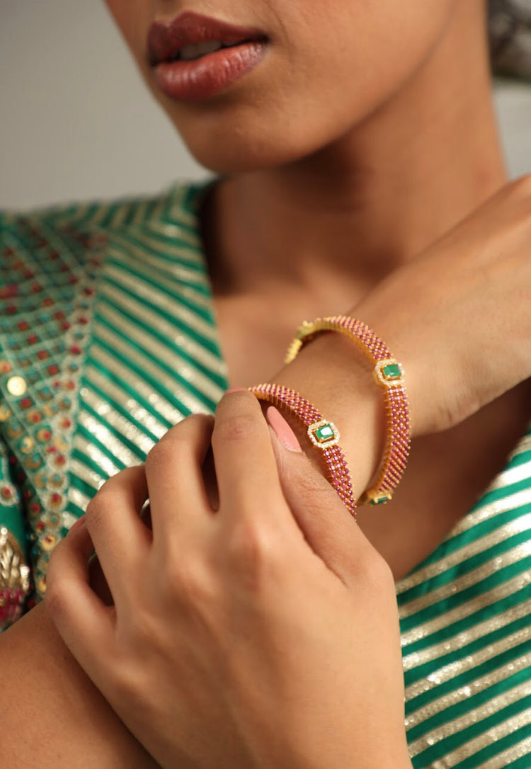 925 Silver Bavara Ruby Emerald Bangle - Amrrutam