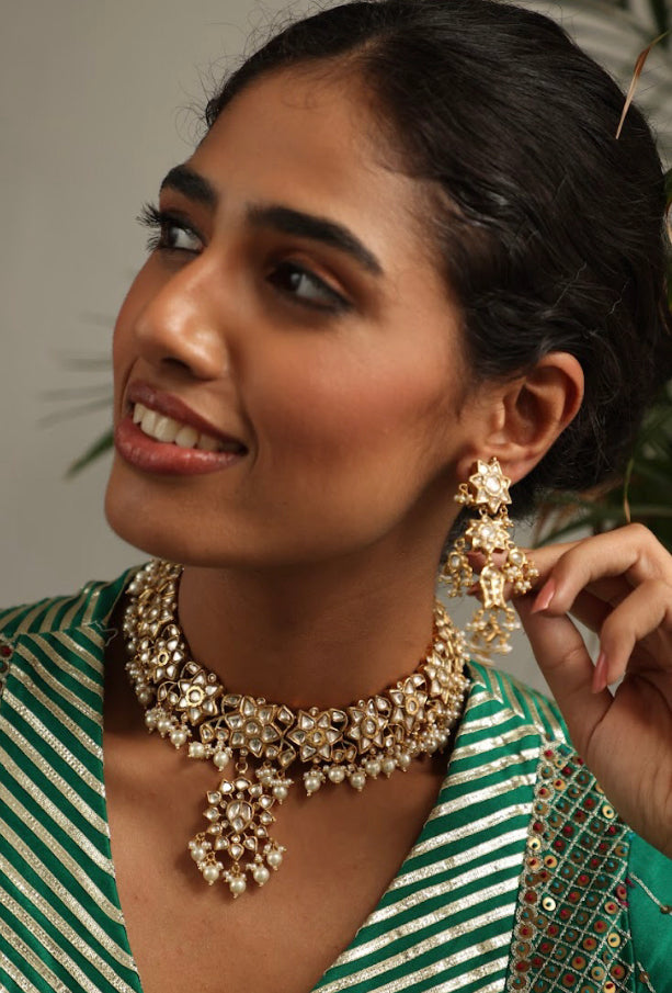 925 Silver Nandi Polki Choker Necklace Set - Amrrutam