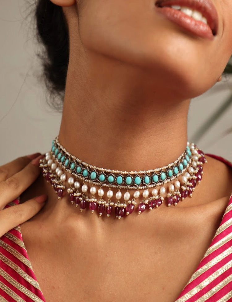 925 Silver Vintage Turquoise Choker Necklace - Amrrutam