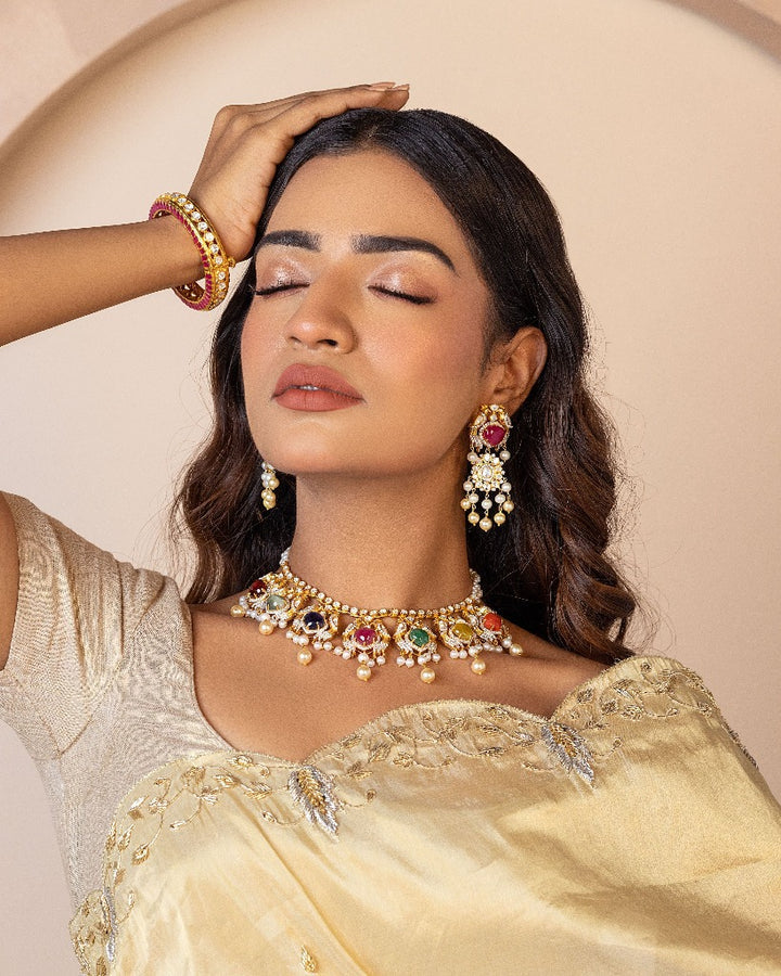 925 Silver Mayuka Navratana Necklace Set - Amrrutam