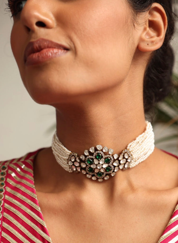 925 Silver Jwala Emerald Polki Choker Necklace - Amrrutam