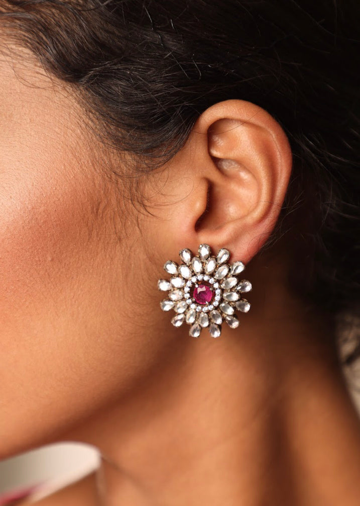 925 Silver Fiorella Ruby CZ Stud Earring - Amrrutam