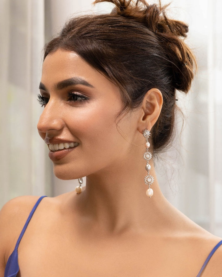 925 Silver Long Multi Pearl Earring - Amrrutam