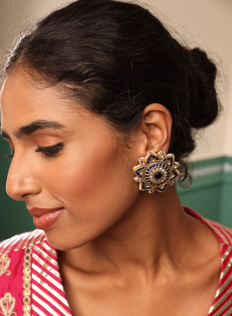 925 Silver Blue Meena Polki Stud Earring - Amrrutam