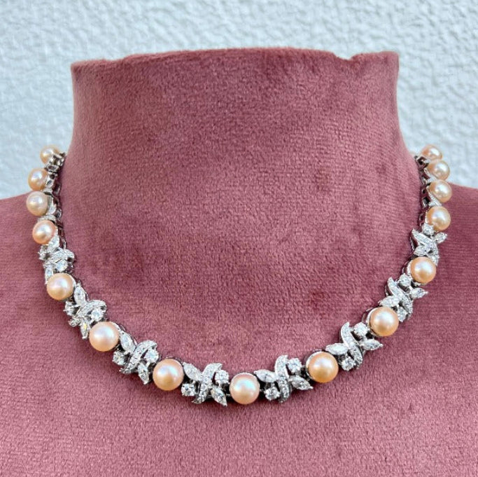 925 Silver Diamond Pearl Necklace Set - Amrrutam