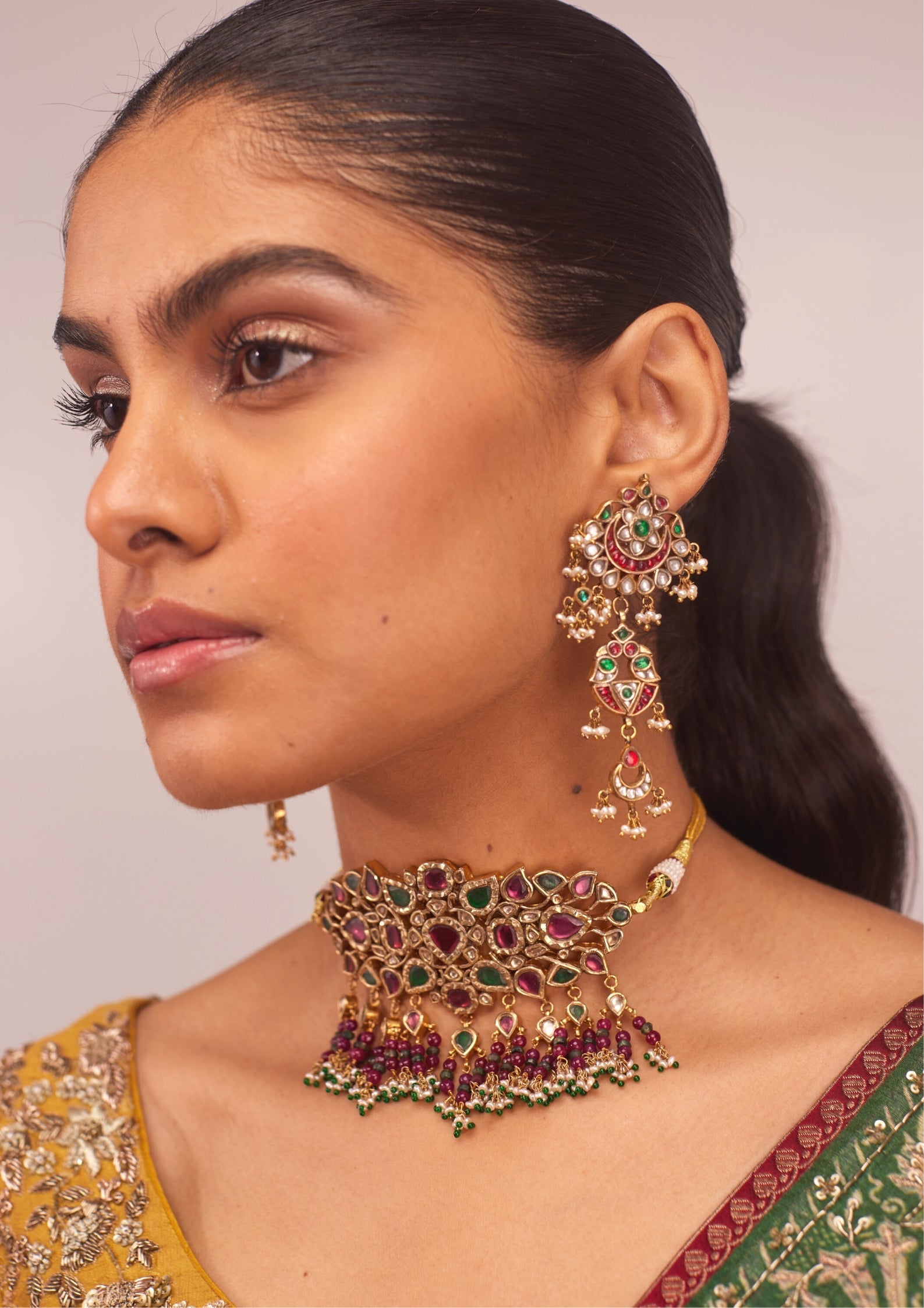 925 Silver Saraswat Wedding Choker Necklace Set - Amrrutam