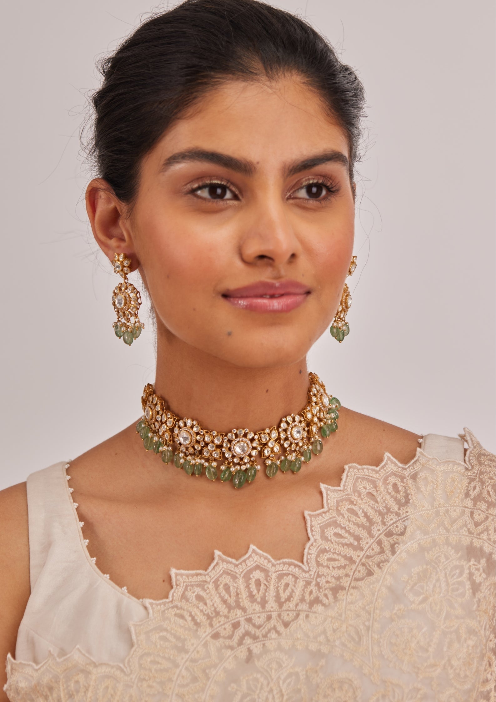 925 Silver Niyuri Green Polki Choker Necklace Set - Amrrutam