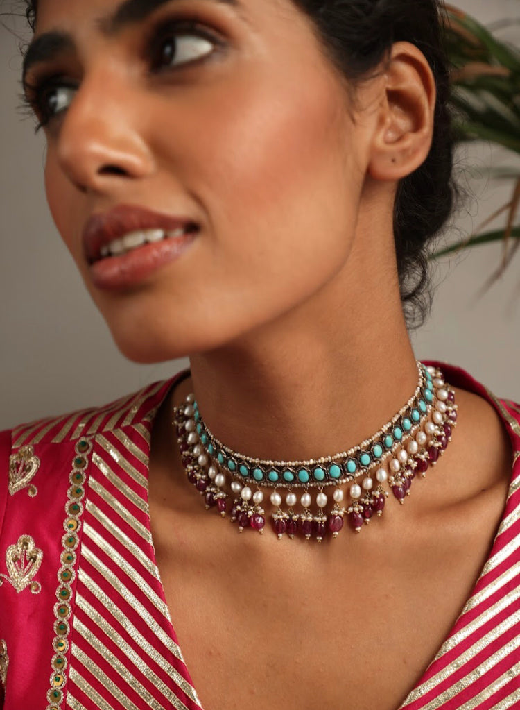 925 Silver Vintage Turquoise Choker Necklace - Amrrutam