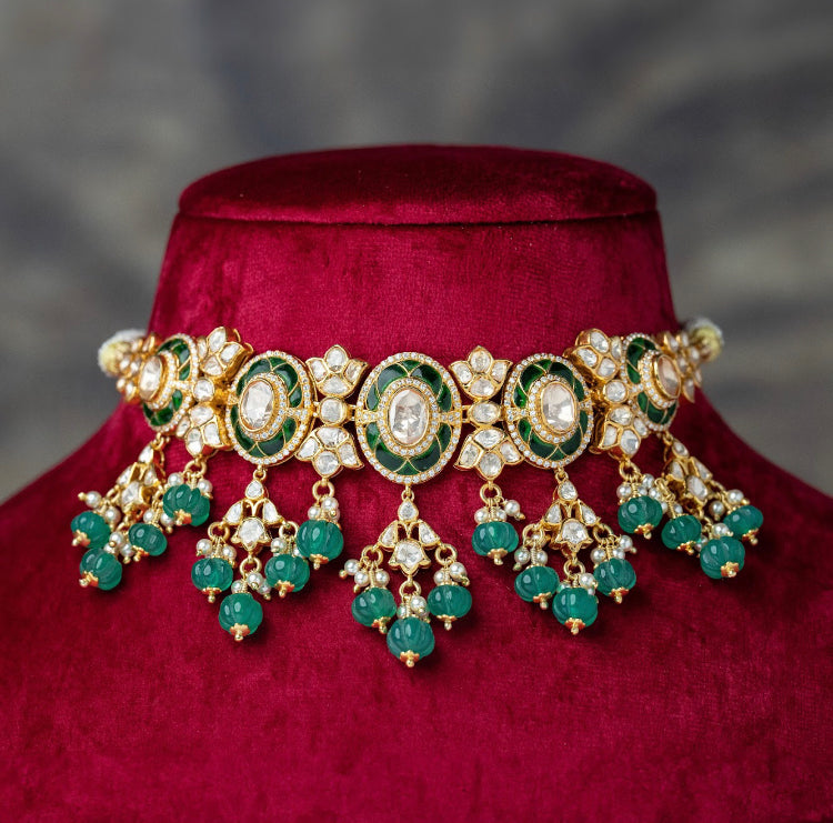 925 Silver Rachana Polki Choker Necklace Set - Amrrutam