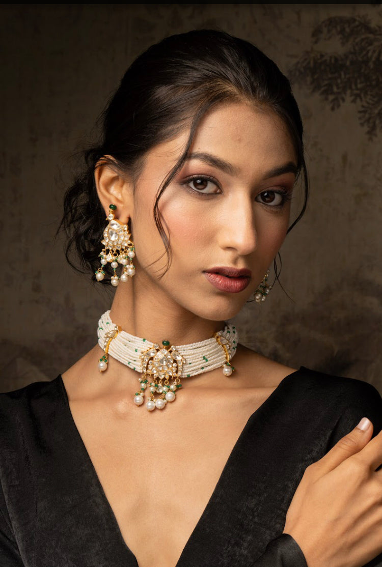 925 Silver Nainika Polki Choker Necklace Set - Amrrutam