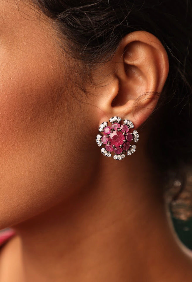 925 Silver Floral Ruby CZ Stud Earring - Amrrutam