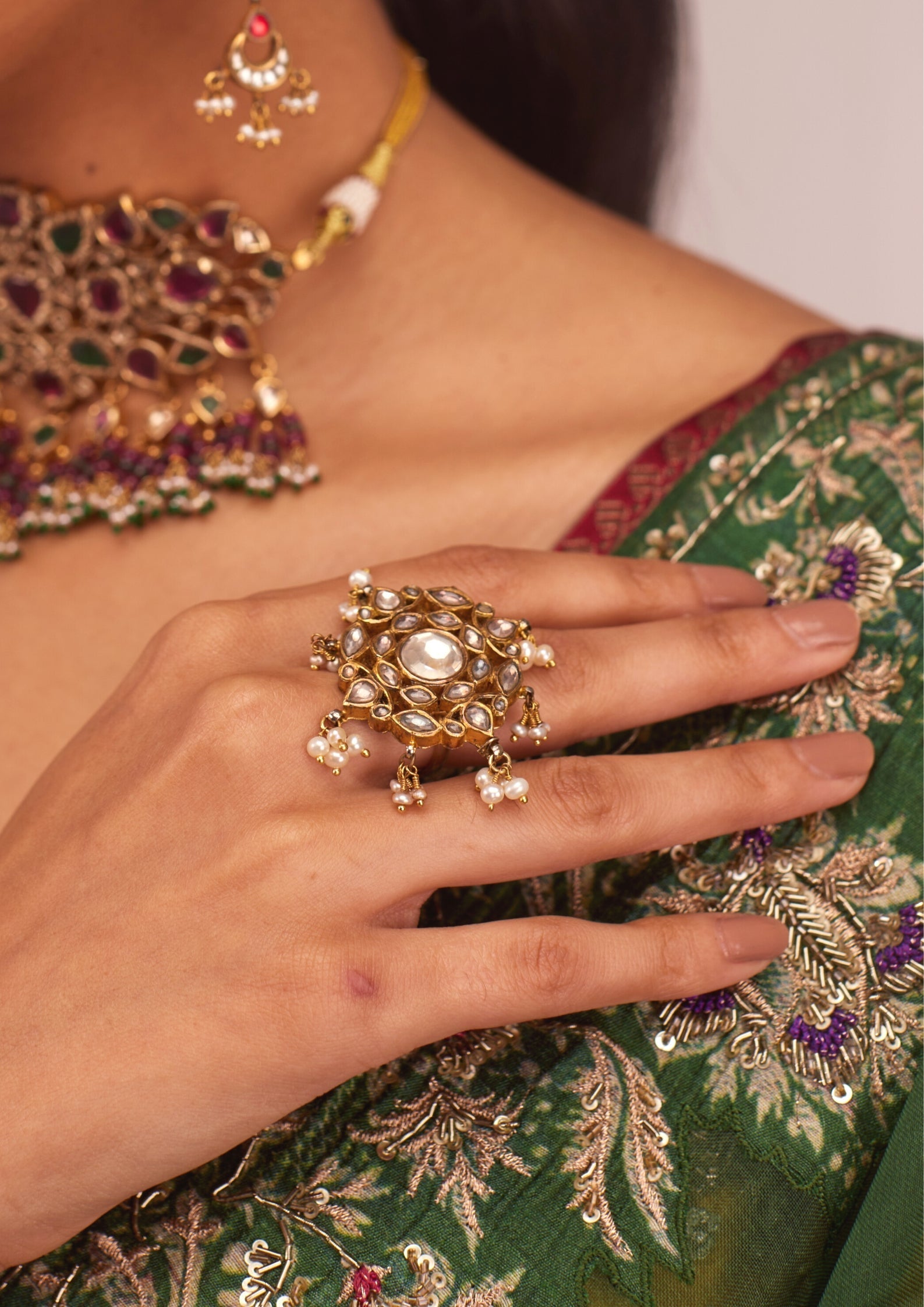 925 Silver Saraswat Polki Pearl Ring - Amrrutam