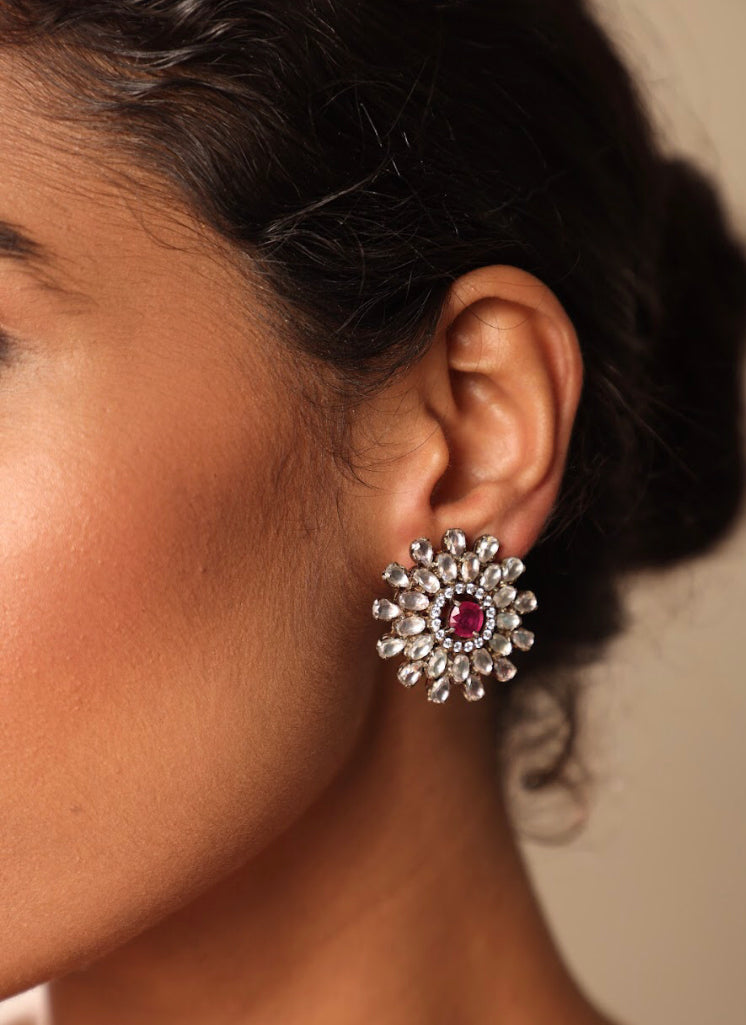 925 Silver Fiorella Ruby CZ Stud Earring - Amrrutam