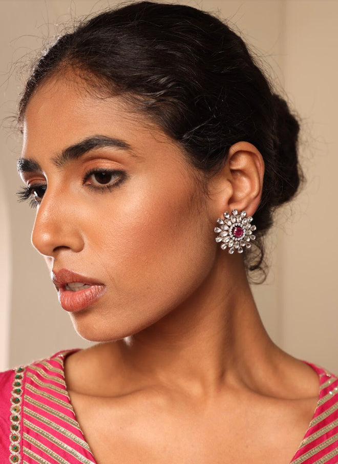 925 Silver Fiorella Ruby CZ Stud Earring - Amrrutam