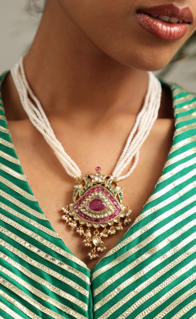 925 Silver Bavara Kannauj Pearl Ruby Necklace - Amrrutam