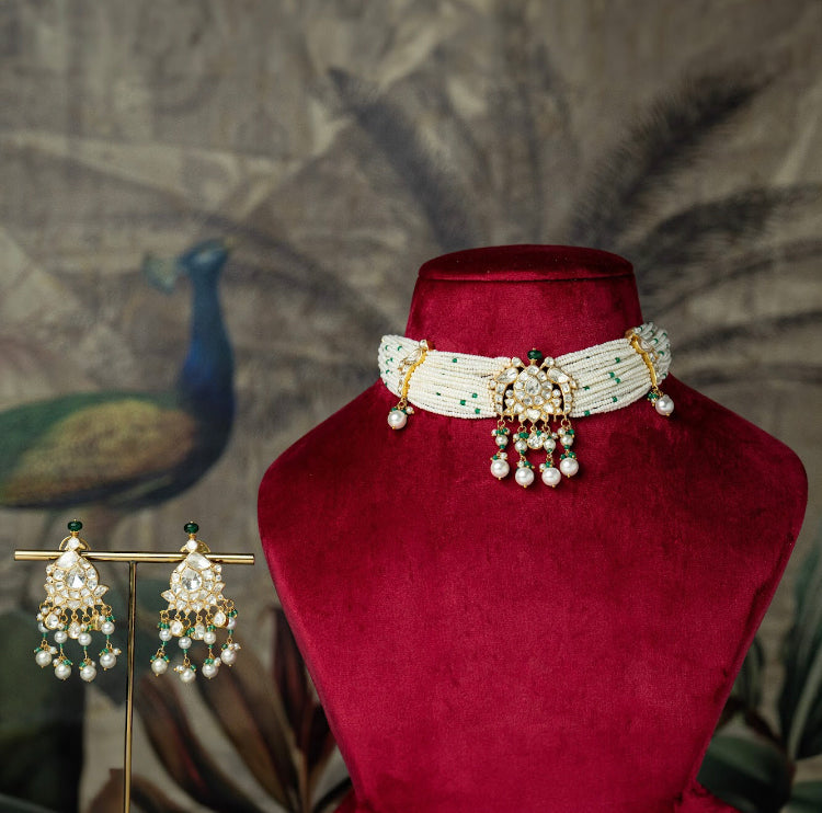 925 Silver Nainika Polki Choker Necklace Set - Amrrutam
