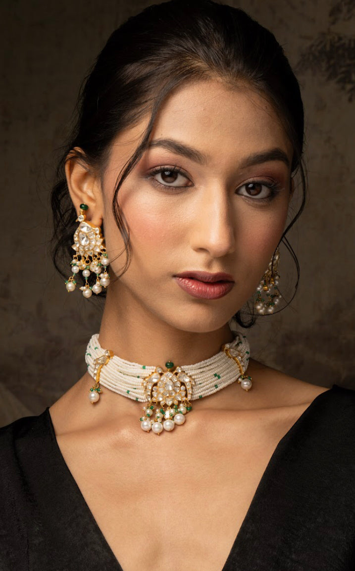 925 Silver Nainika Polki Choker Necklace Set - Amrrutam