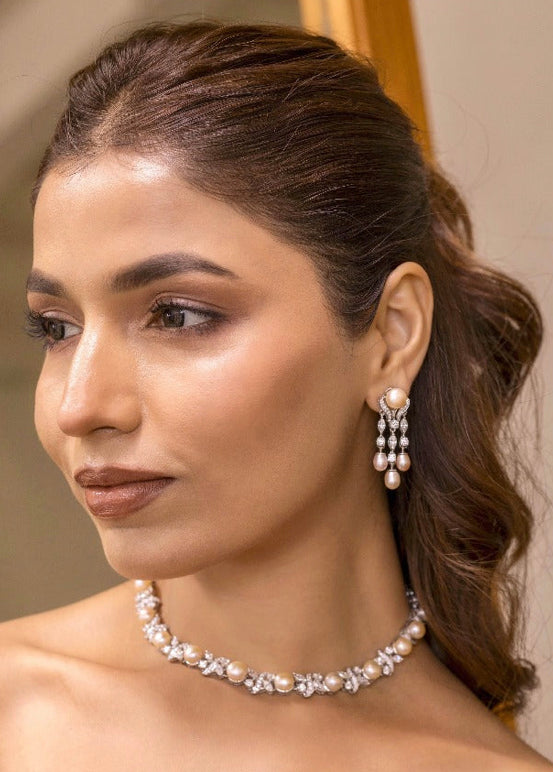 925 Silver Diamond Pearl Necklace Set - Amrrutam
