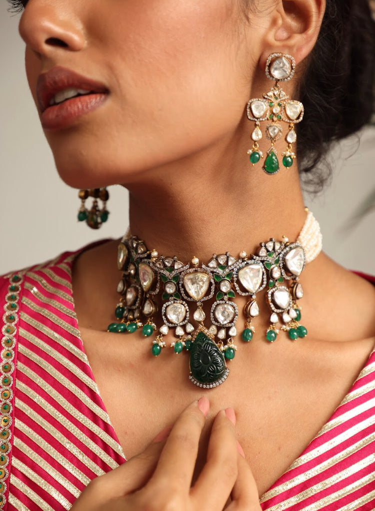 925 Silver Farhaaz Polki Choker Necklace Set - Amrrutam