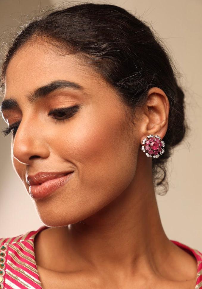 925 Silver Floral Ruby CZ Stud Earring - Amrrutam
