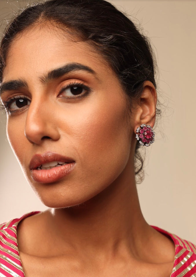 925 Silver Floral Ruby CZ Stud Earring - Amrrutam