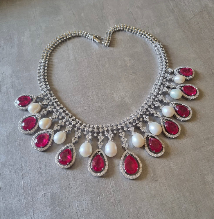 925 Silver Riverra Ruby Pearl Necklace - Amrrutam