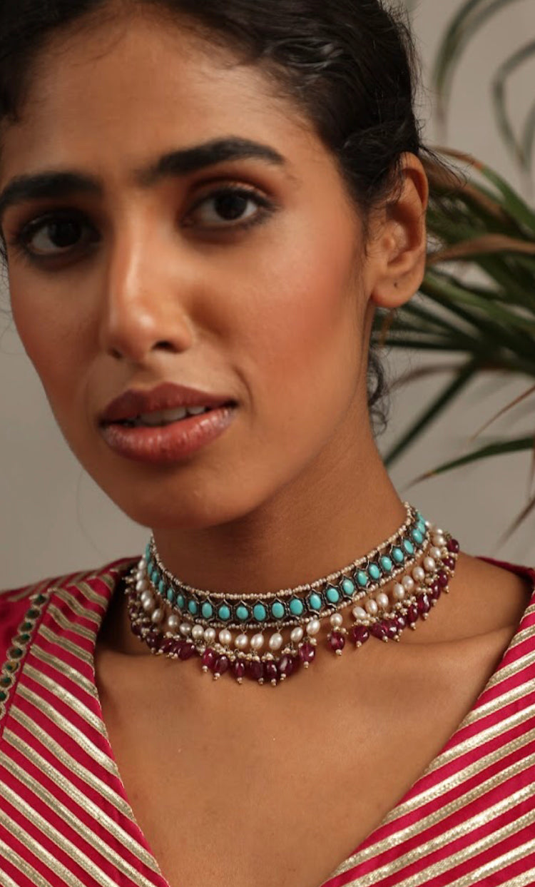 925 Silver Vintage Turquoise Choker Necklace - Amrrutam