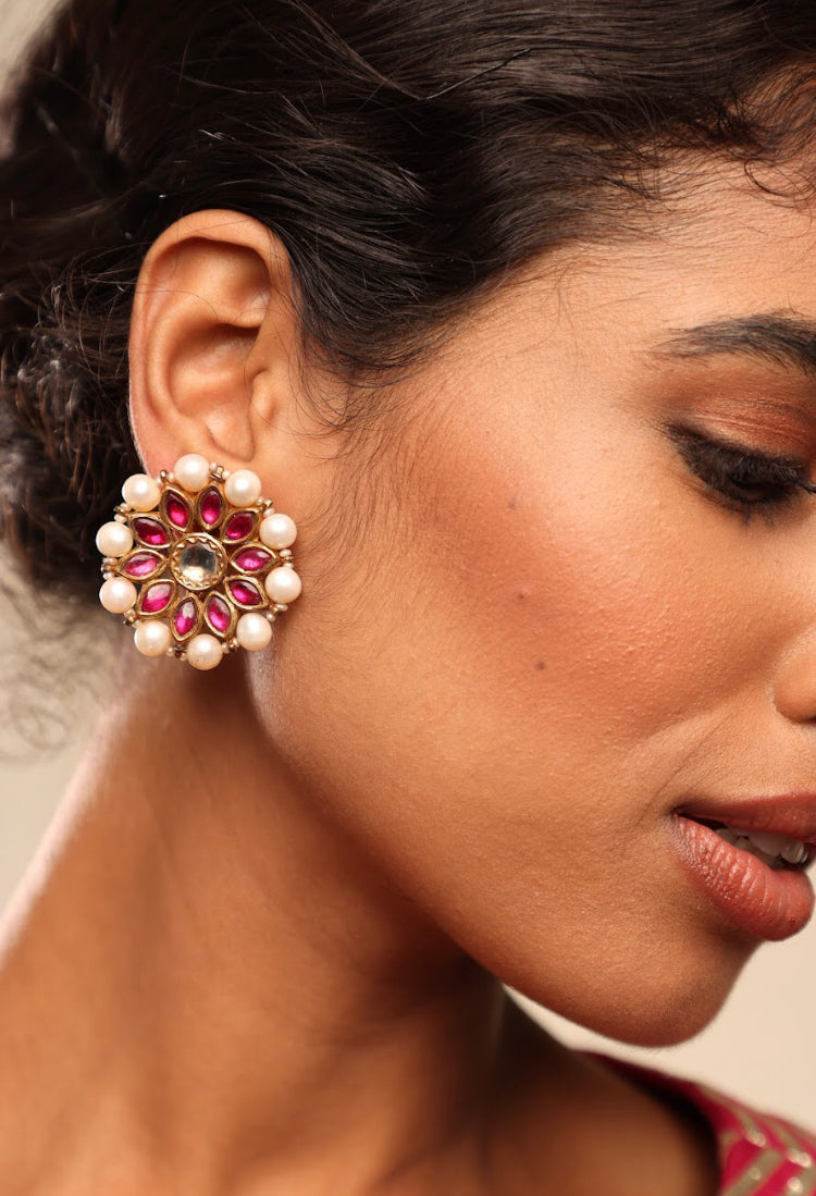 925 Silver Pink Floral Kudan Stud Earring - Amrrutam