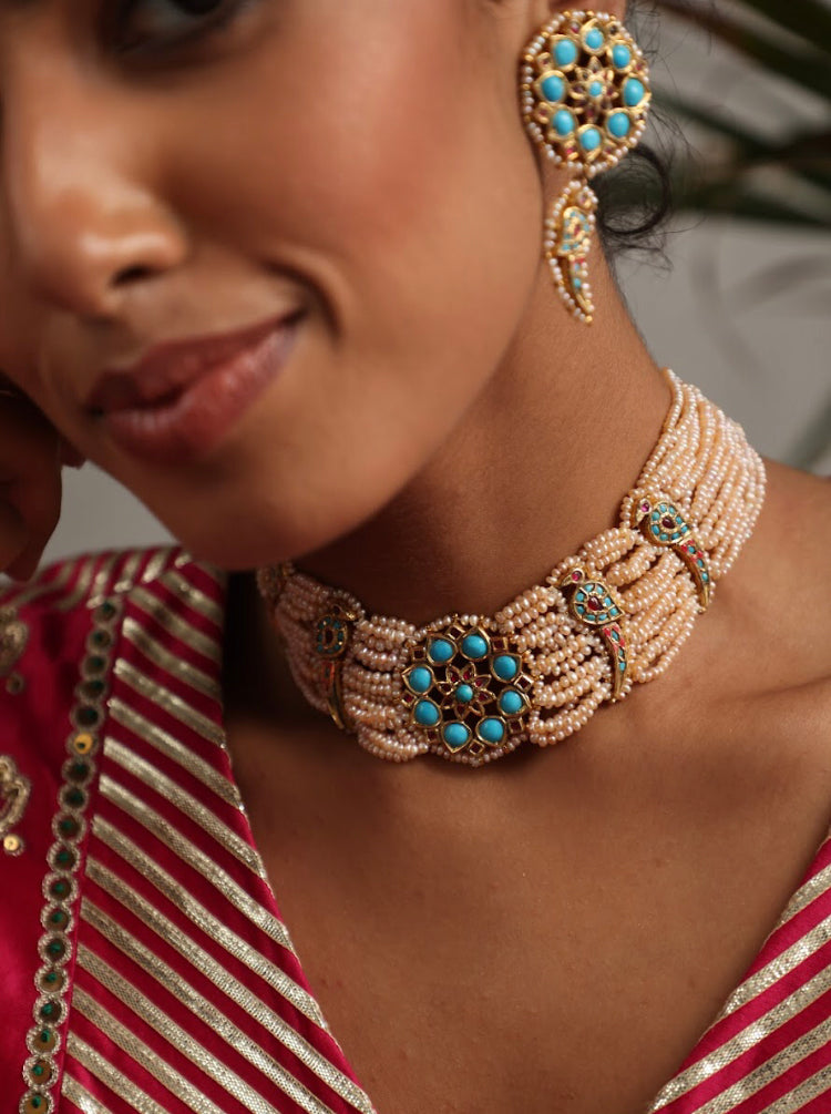 925 Silver Bavara Turquoise Peacock Choker Necklace Set - Amrrutam