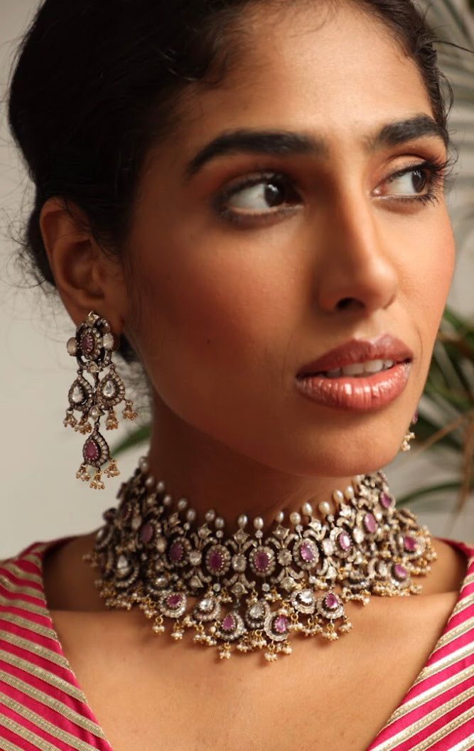 925 Silver Bavara Victorian Tourmaline Choker Necklace Set - Amrrutam