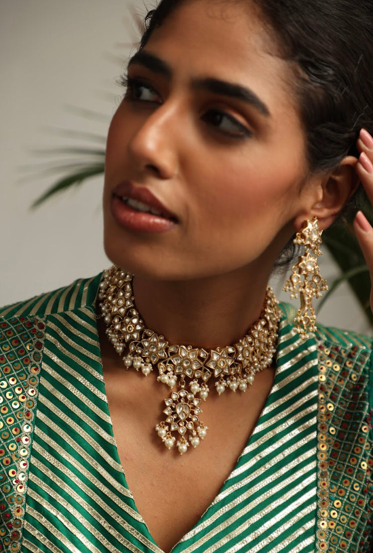 925 Silver Nandi Polki Choker Necklace Set - Amrrutam