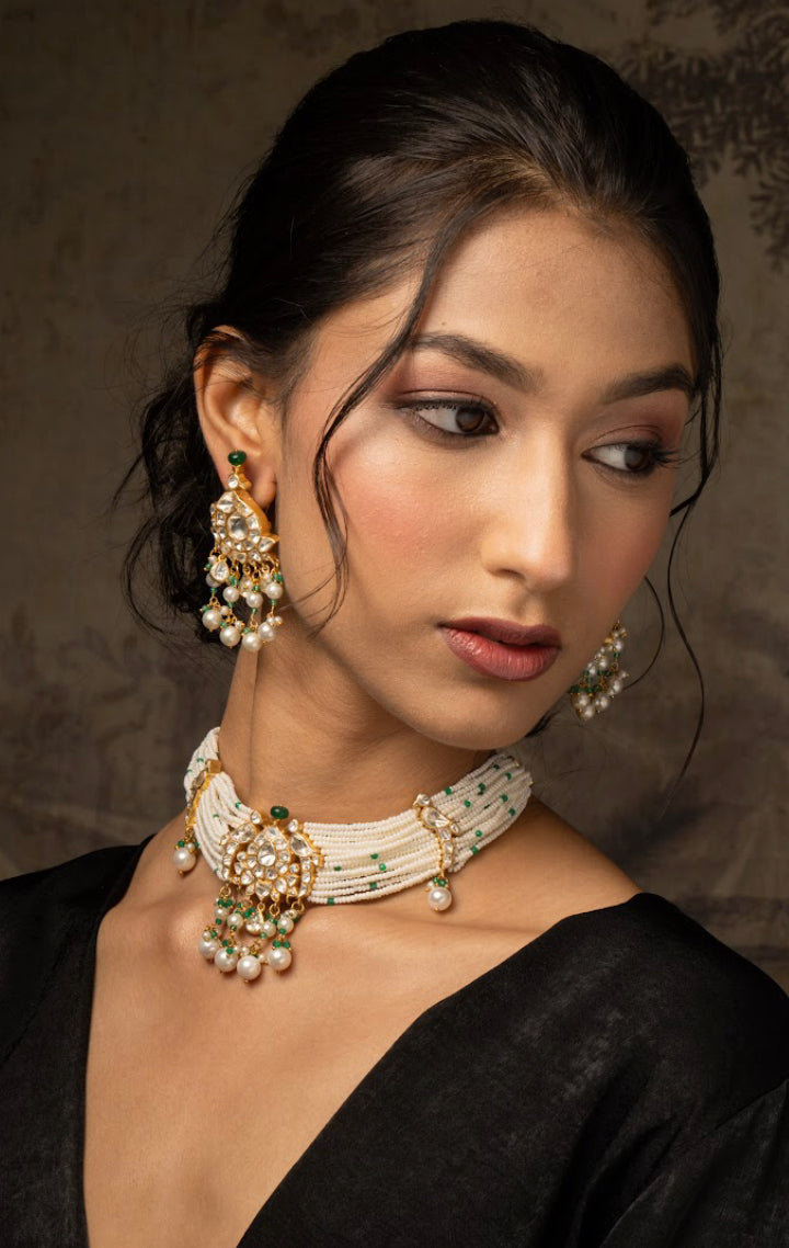 925 Silver Nainika Polki Choker Necklace Set - Amrrutam