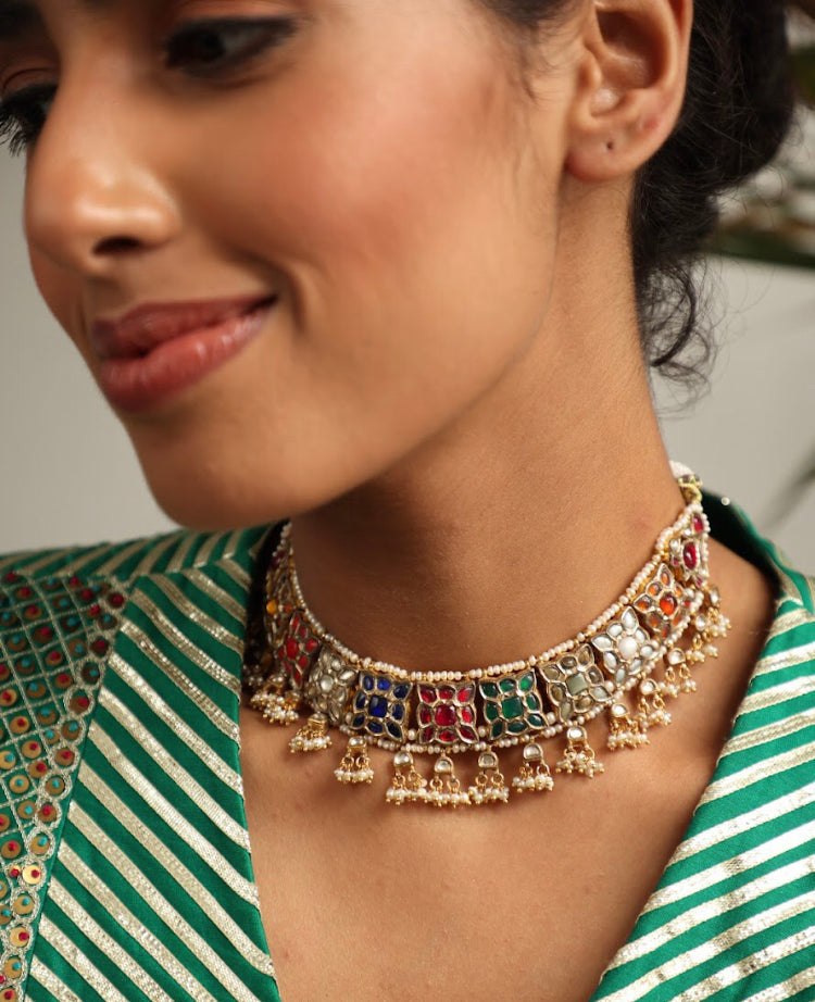 925 Silver Bavara Floral Navratan Choker Necklace - Amrrutam