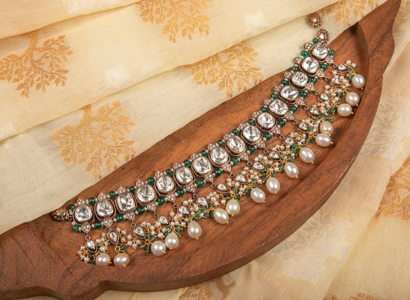 925 Silver Hezhal Polki Choker Necklace - Amrrutam