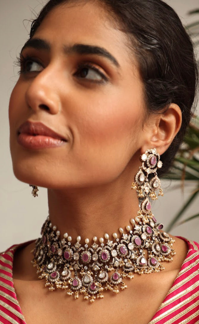 925 Silver Bavara Victorian Tourmaline Choker Necklace Set - Amrrutam