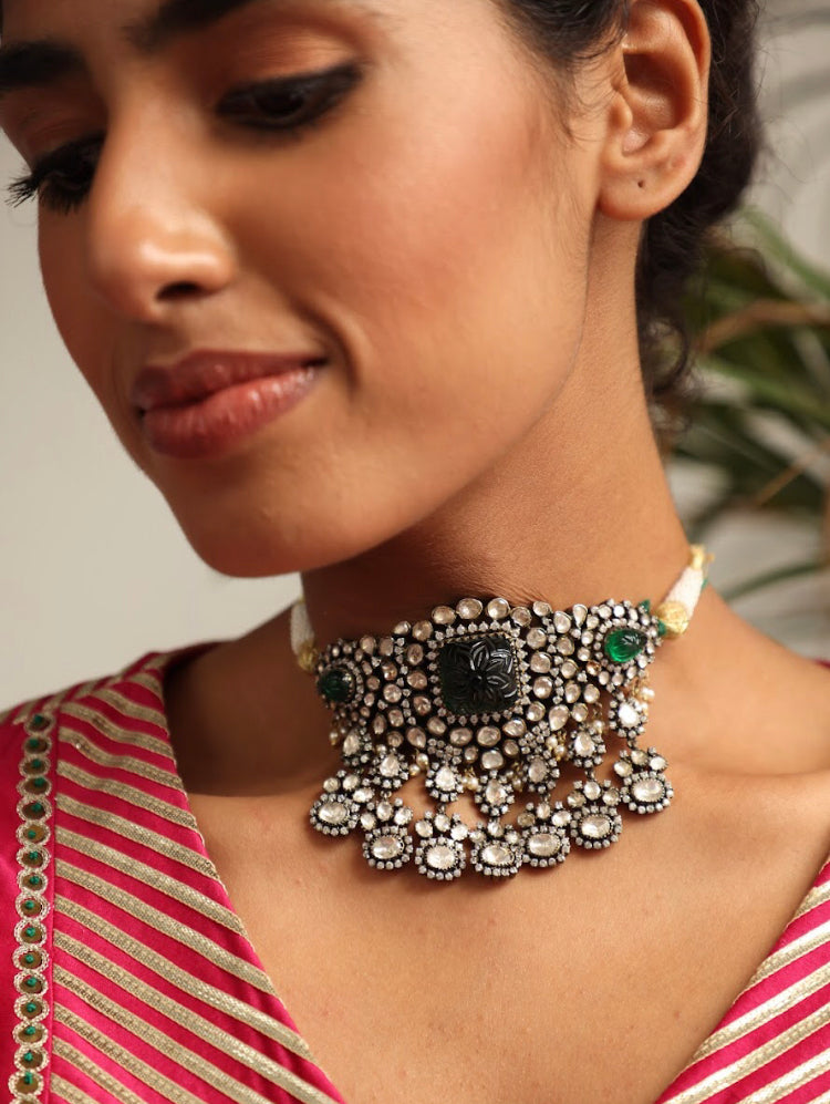 925 Silver Victorian Emerald Opala Choker Necklace - Amrrutam