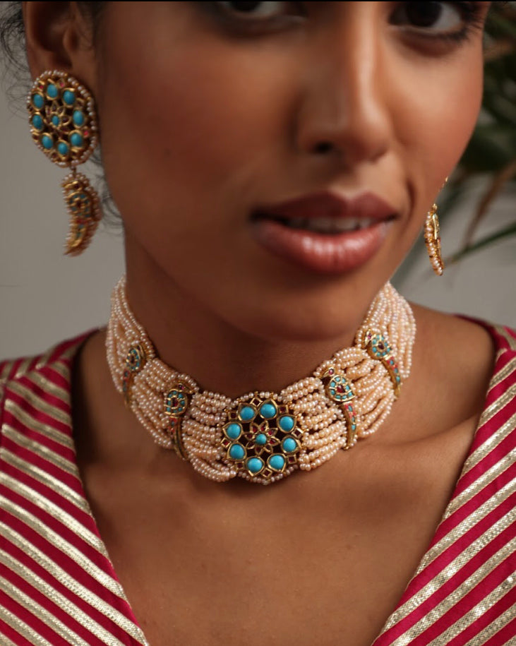 925 Silver Bavara Turquoise Peacock Choker Necklace Set - Amrrutam