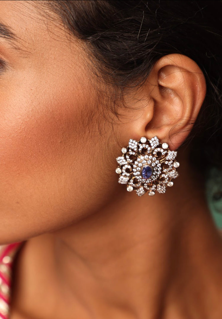 925 Silver Guasha Tanzanite CZ Stud Earring - Amrrutam