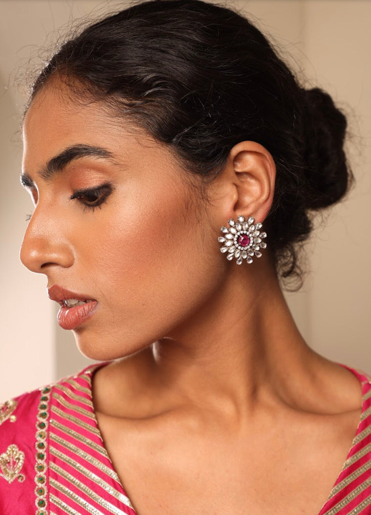 925 Silver Fiorella Ruby CZ Stud Earring - Amrrutam