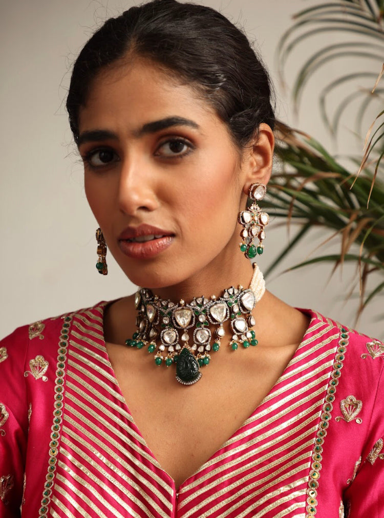 925 Silver Farhaaz Polki Choker Necklace Set - Amrrutam