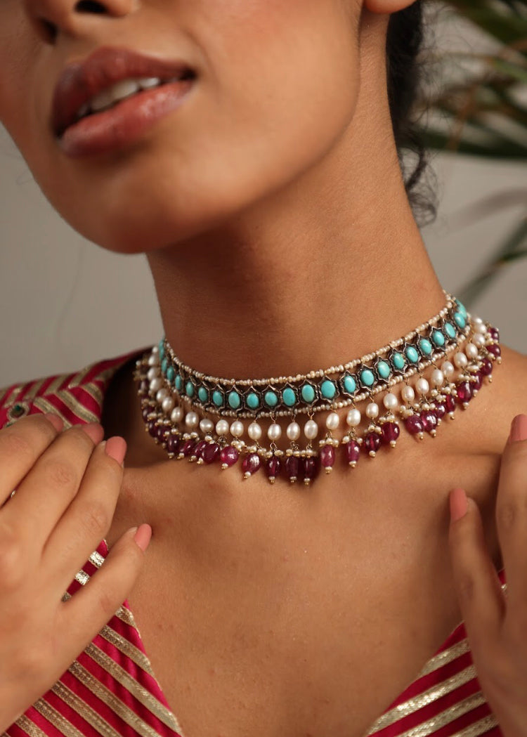 925 Silver Vintage Turquoise Choker Necklace - Amrrutam