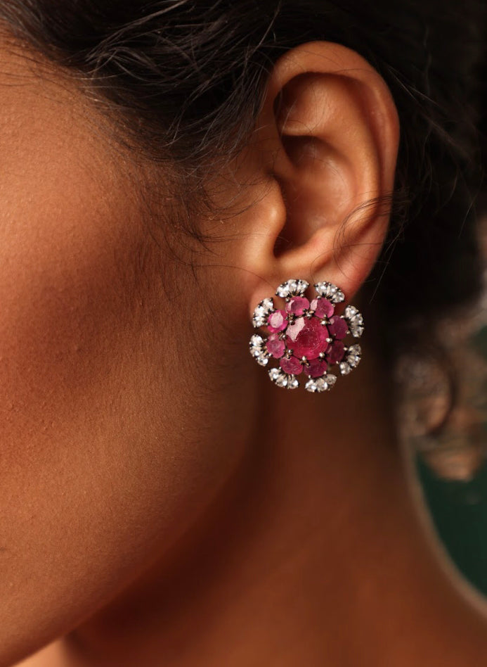 925 Silver Floral Ruby CZ Stud Earring - Amrrutam