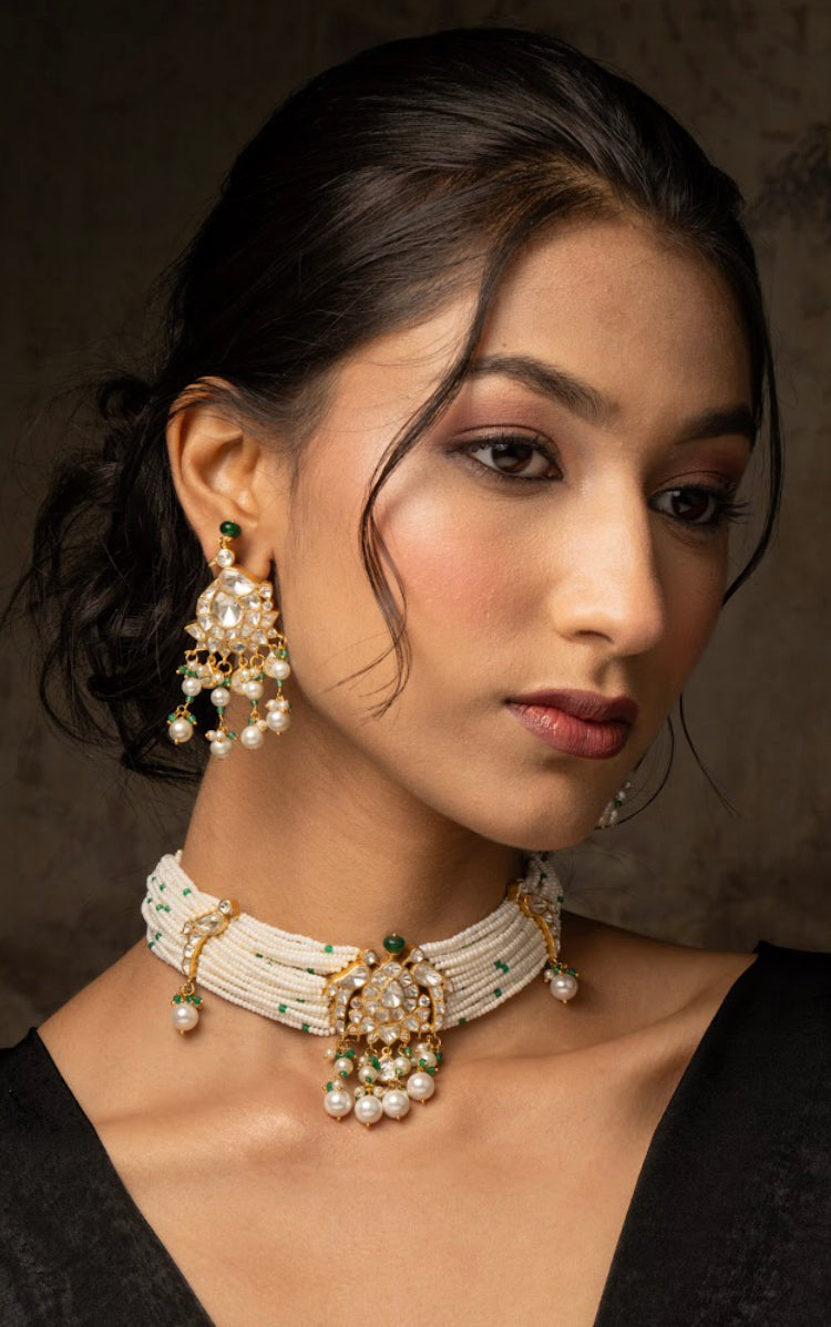 925 Silver Nainika Polki Choker Necklace Set - Amrrutam
