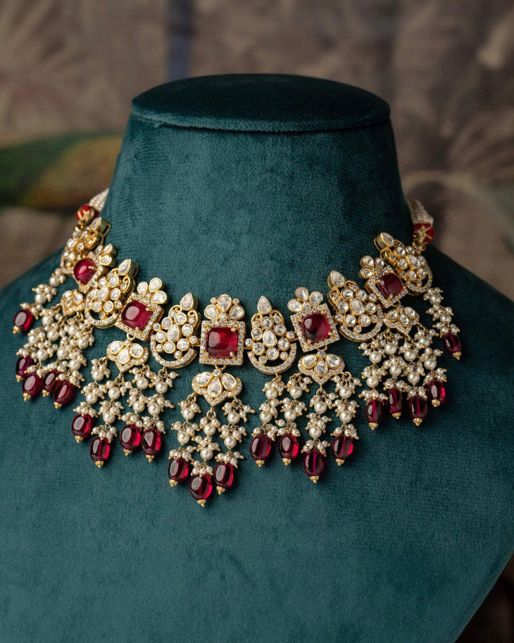 925 Silver Chandrika Polki Choker Necklace Set - Amrrutam