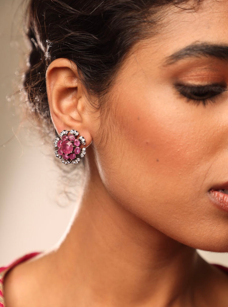925 Silver Floral Ruby CZ Stud Earring - Amrrutam